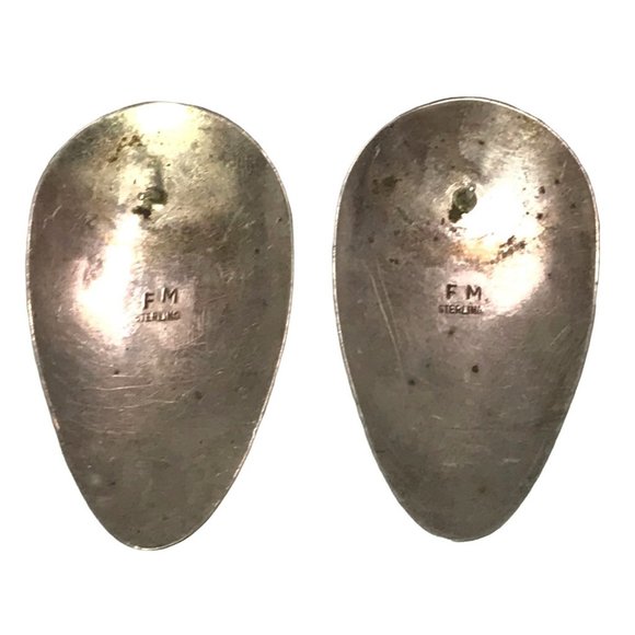 Large Vintage Zuni Sterling Silver Inlay Earrings with Onyx and Lapis Signed FM - Picture 5 of 10